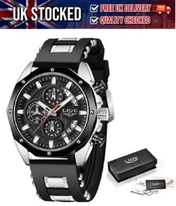 LIGE Wristwatch Luxury Quartz Black Silicone Strap Waterproof - New Boxed - Picture 1 of 5