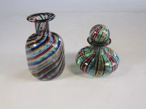 Mundgeblasene Murano Kunst Glas Parfüm Flasche & Vase mit Regenbogenband Streifen - Bild 1 von 6