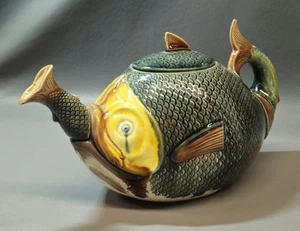 *RAR* Antike englische Majolika Fisch schlucken Fisch Teekanne, bezaubernd/lesen - Bild 1 von 17