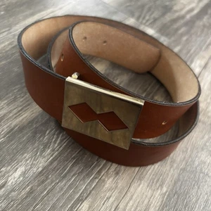 VTG Western Leather Belt Brass Geometric Aztec Buckle Women's Brown USA 38 - 40 - Picture 1 of 9
