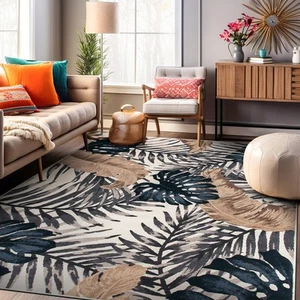 Rugshop Rugs for Living Room Modern Tropical Floral Leaves Non Slip Beige Rug - Picture 1 of 33