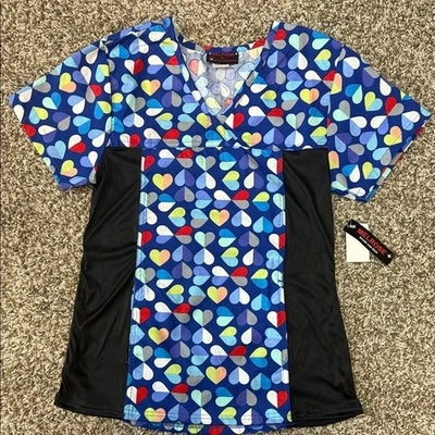 Melrose May-Hill Scrub Top XS Hearts Print Blue Black Side Panels NWT - Image 1 of 4