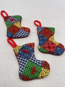 Ornamenti Natalizi Calze Tessuto Casale Homespun Calico 4,25" Set 3 Vintage - Foto 1 di 8