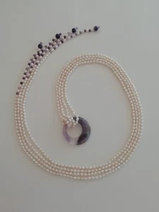 4 STRAND FRESHWATER PEARL & AMETHYST RING BEADED NECKLACE 32 INCH LONG - Picture 1 of 24