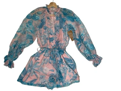 Hemant And nandita Women Romper Blue Pink Floral Pocket Waist Tie Size XS Boho - Image 1 of 4