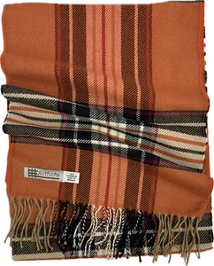 Schal Webschal Karo orange rot schwarz natur 100% Wolle(Merino) Herrenschal - Bild 1 von 1