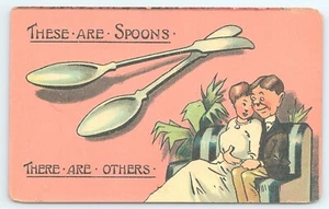 Postcard Humor These are Spoons There are Others Cuddling Couple on Sofa - Picture 1 of 2