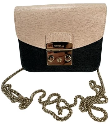 Bolsa tiracolo Furla Metropolis couro mutável bege preto corrente dourada em perfeito estado - Imagem 1 de 4