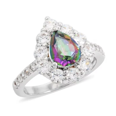 Natural Green Quartz and Simulated Diamond Ring-Platinum Plated Size 6 NEW - Image 1 of 4