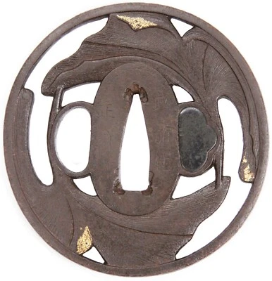 Antique Japanese Tsuba Iron Kinai Sukashi Signed Leaves Mid Edo Sword Guard Old - Image 1 of 4