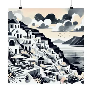Matte Square Poster Wall Art Deco Santorini Greece Seascape Watercolor Print Wow - Picture 1 of 50