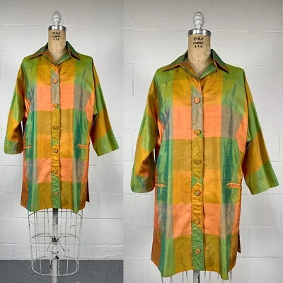 Vintage 60s Orange Green Silk Dupioni Jacket Long Plaid Tang Duster Hong Kong S - Image 1 of 4
