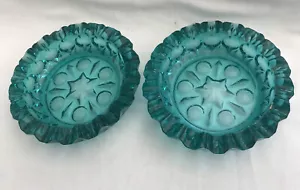 Vintage glass ashtrays x 2, teal blue/aquamarine colour, round with indented rim - Picture 1 of 16