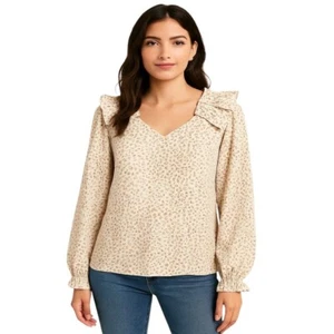 Entro Blouse Womens S Beige Animal Print Ruffle Long Balloon Sleeve Preppy Top - Picture 1 of 11