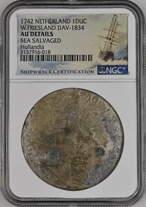 1742 Netherlands Ducaton Hollandia Shipwreck NGC AU Details Sea Salvaged Silver - Picture 1 of 12