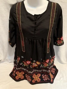 Olga de Polga Top Black Embroidered Floral short sleeve Tunic womans sz 8 - Picture 1 of 14
