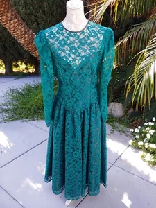 Vintage 80er Jahre grünes Kleid Spitze Langarm Schlüsselloch Gr. L/XL - Bild 1 von 11