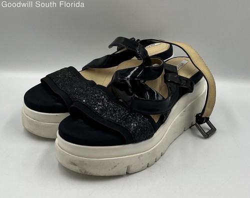Geox Women's Black Leather Open Toe Platform Strappy Sandals Size 37