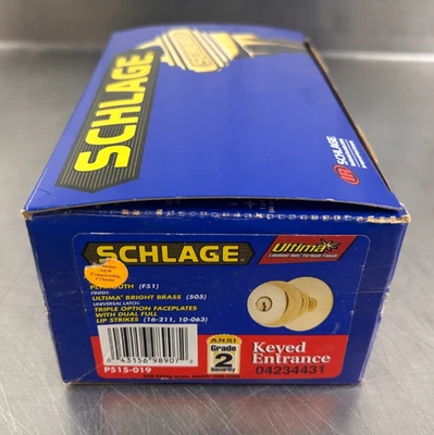 Schlage Plymouth F51 505 Bright Brass P515-019 Keyed Entrance Door Knob NEW - Image 1 of 4