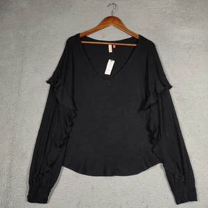 Pilcro Anthropologie Top Damen XL schwarz Waffelstrick Rüschen V-Ausschnitt Stretch neu mit Etikett - Bild 1 von 12