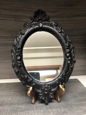"Antiguo espejo de pared de hierro fundido ornamentado negro pesado de colección 9x13""" Foto 1 de 4