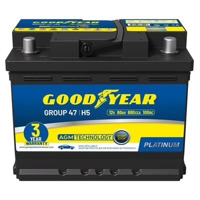 Goodyear Group 47 12V 60 AH, 100RC, 680 CCA Platinum AGM Automotive Battery - Image 1 of 4