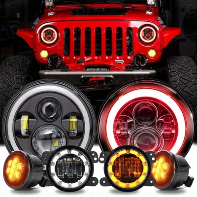 7"LED Headlights Red&Amber Halo Fog Lamp Turn Signal For Jeep Wrangler 07-18 JK - Image 1 of 4