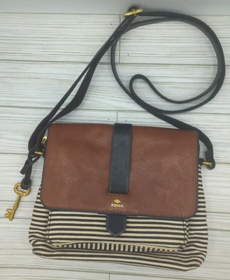 Fossil Crossbody Bag Womens Black White Stripe Canvas Brown Leather Pocket Key - Image 1 of 4