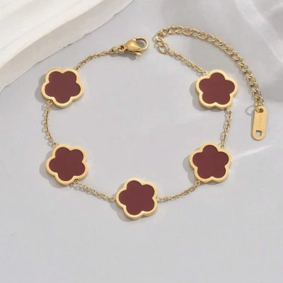Elegante Brazalete Flor Trébol Rojo Acero Inoxidable Chapado en Oro Joyería para Mujer’s Foto 1 de 3