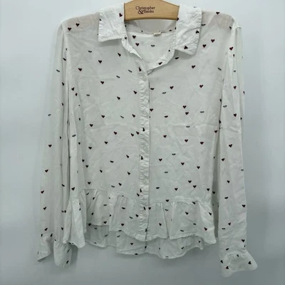 WHITE MAISON JULES RED LIPS & HEARTS RUFFLE PEPLUM BUTTON DOWN TOP SIZE LARGE - Image 1 of 4
