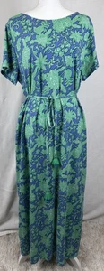 Maxi Vestido J Jill XL Azul Verde Manga Corta Cinturón Borlas Abertura Lateral Boho Cómodo - Imagen 1 de 13