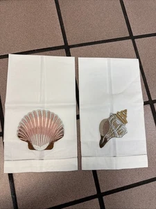 Linen Guest Hand Towels Shells Embroidered Pair / Lot of 2 - Picture 1 of 4
