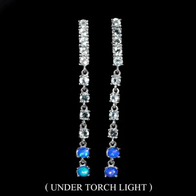 925 Sterlingsilber Ohrringe Ovaler Feueropal Aquamarin Edelstein Schmuck - Bild 1 von 4