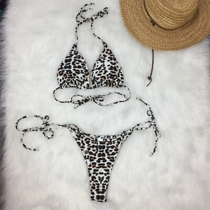 Swimsuit Women Size Lset thung scrunched Halter Triangle leopard print Side-tie - Picture 1 of 3
