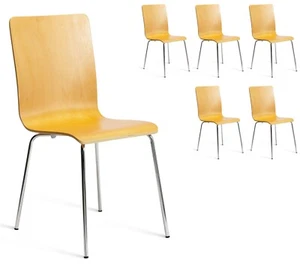 Dining Chairs Set of 6 Natural Wood Modern Kitchen Chairs Madison & Chrome Leg - Picture 1 of 6