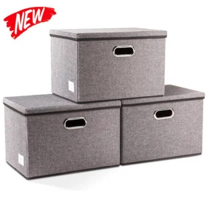 Large Collapsible Storage Bins Home Bedroom Closet 3-Pack Linen Fabric Foldable - Picture 1 of 8