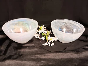 2 künstlerische Akzente Opalweiß Wirbel & irisierendes Glas Müsli Salat Schüsseln - Bild 1 von 9