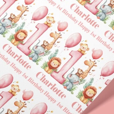Pink 1st Birthday Wrapping Paper - Personalised Name Safari Baby Girl Gift Wrap - Image 1 of 4