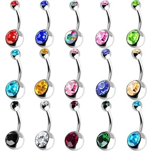 High Quality Surgical Steel Belly Bar Navel Double Crystal Piercing Navel Ring - Picture 1 of 11