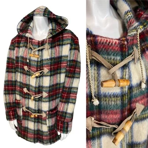 Vintage 60’s 70’s WOOL PLAID DUFFLE COAT w/ HOOD Women’s Wood x Leather Toggles - Picture 1 of 8