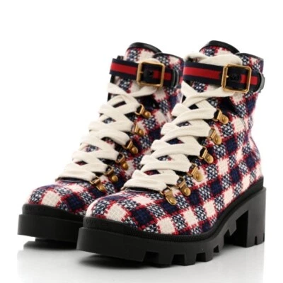 GUCCI Botines de Combate de Colección Tweed a Cuadros con Cordones Blanco Hibisco Rojo Marino Foto 1 de 4