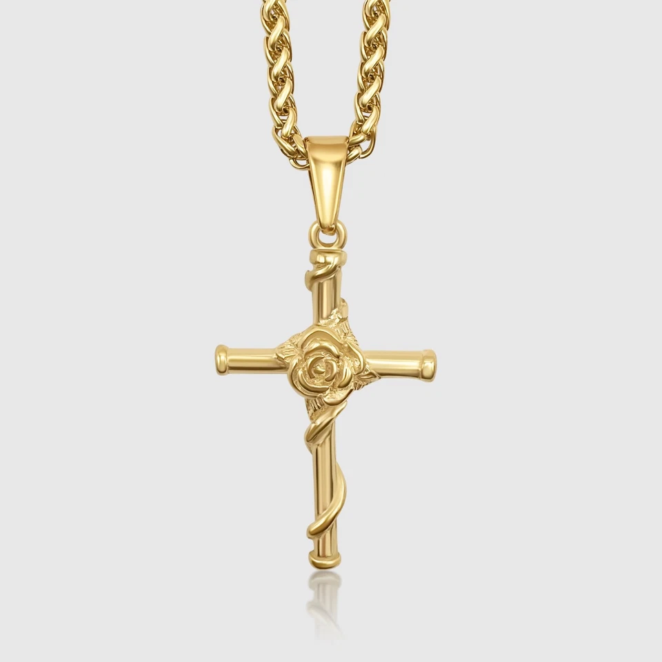 Crucifix Cross & Rose Jesus Christ Pendant/Necklace 18k Gold - Religious Jewelry - Image 1 of 4