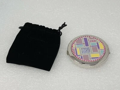 Double Mirror Compact Silver Tone Pink Rhinestones Yellow/Purple/Blue Velvet Bag - Image 1 of 4