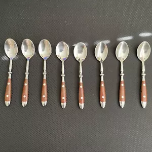 8 H.F. Ltd (Hanford Forge) Stainless China 06 Brown Rivet Handles Teaspoons - Picture 1 of 7