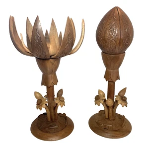 Coppia Fiore di Loto Vintage Articolato Legno Intagliato A Mano Fioritura MCM Decorazione 14" - Foto 1 di 21