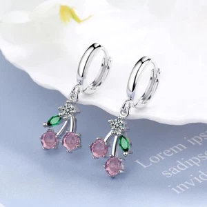 925 Sterling Silver Plated Sweet Cherry Drop Crystal Earrings Free Post AU Stock - Picture 1 of 2