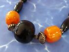 TRIBAL SILVER NECKLACE Amber Onyx Resin Beads with Carved Nickel 28 inches