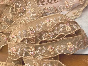 embroidered 1960s hand sewn sheer sequins 1" flowers trim peach pink 1yd - Picture 1 of 3