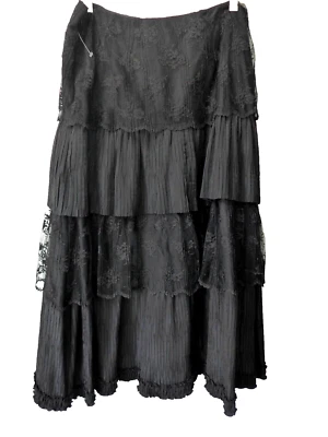 Dana Buchman Black Taffeta Lace Tiered Midi Peasant Skirt 8 NWT $500 - Image 1 of 3