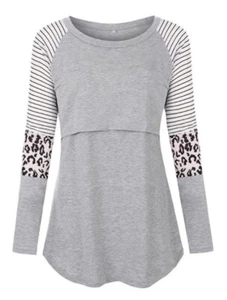 WaWaPish Maternity Nursing Tops Breast Feeding Shirts Leopard Long Sleeves - Picture 1 of 11